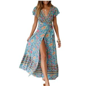 Hello Molly Tie Down Maxi Dress in Turquoise